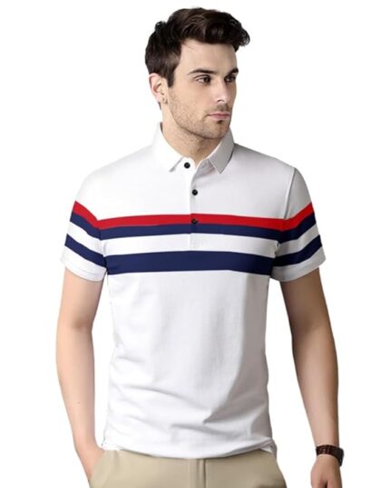 Neck Half Sleeve Striped Print Casual Men Tshirt