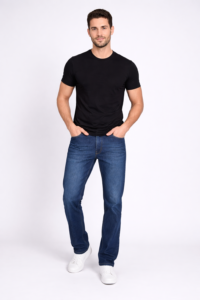 Straight fit blue denim jeans with classic five-pocket design and mid-rise waist.