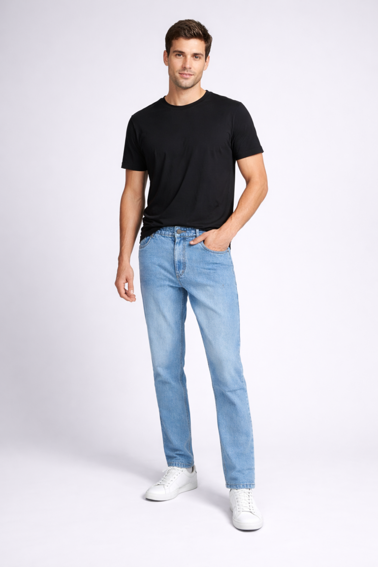 Straight fit blue denim jeans with classic five-pocket design and mid-rise waist