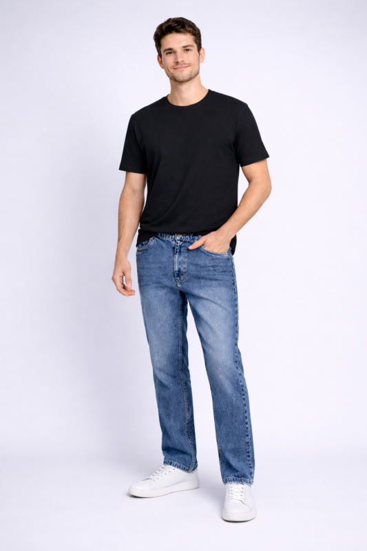 Classic straight fit denim jeans styled with a casual everyday look.