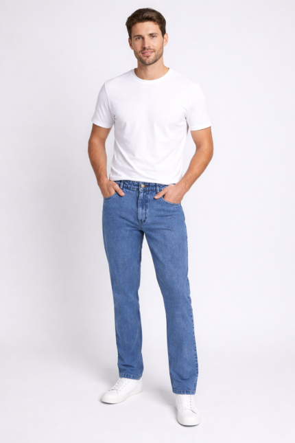Classic straight fit denim jeans styled with a casual everyday look.