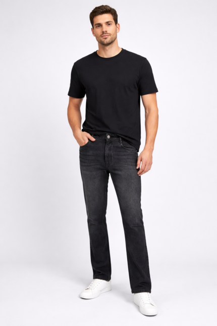 • Men's straight fit denim jeans in dark wash with clean, modern silhouette