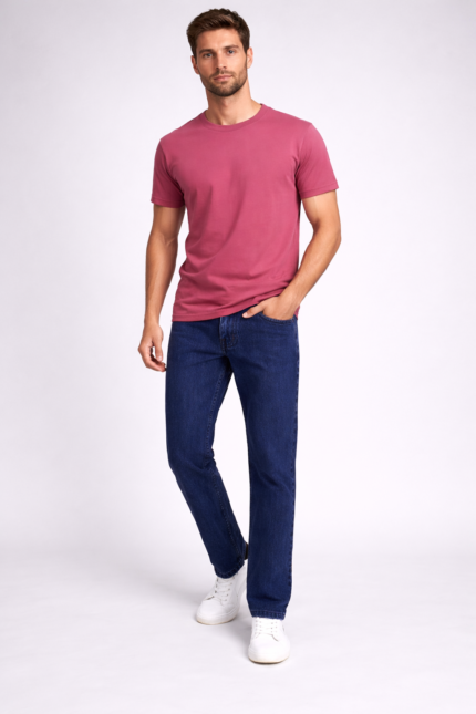 Mid-rise straight leg denim jeans with subtle fade detailing.