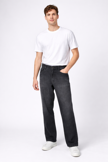 “Men’s Denim-blue -black baggy jeans with a relaxed fit, wide leg opening, and classic five-pocket design.”