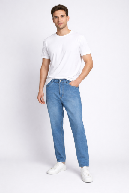Men’s blue balloon fit denim pants with relaxed thigh and tapered ankle.