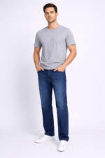 “Men’s Denim-blue -black baggy jeans with a relaxed fit, wide leg opening, and classic five-pocket design.”