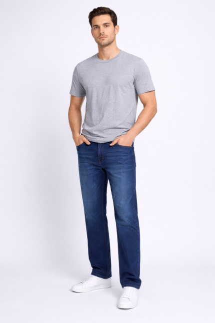 “Men’s Denim-blue -black baggy jeans with a relaxed fit, wide leg opening, and classic five-pocket design.”